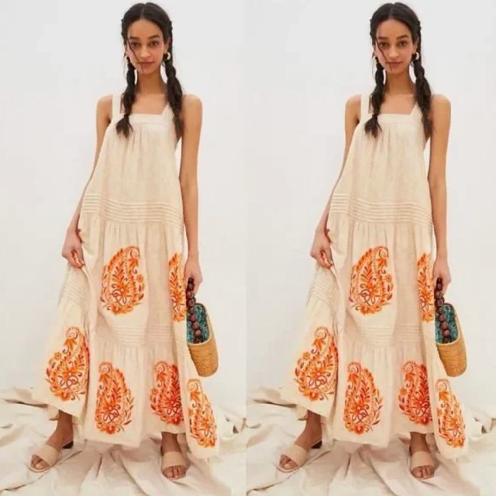 Anthropologie Cream and Orange Maxi Dress
